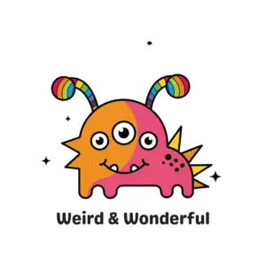 A colorful cartoon monster with three eyes, rainbow antennae, and spikes, above the text "Weird & Wonderful".