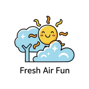 A cartoon sun with a smiling face, a tree with light blue foliage, and two light blue clouds, above the text "Fresh Air Fun".