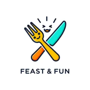 A crossed orange fork with a smiling face and a blue knife with a laughing face, accompanied by the text "FEAST & FUN".