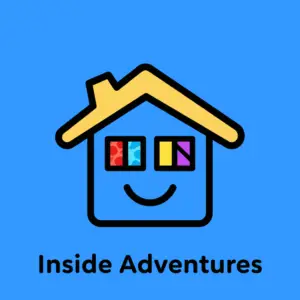 A blue cartoon house with a yellow roof, colorful windows, and a smiling face, above the text "Inside Adventures".