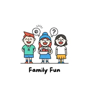 Three cartoon children, a boy, a girl, and another girl, with thought bubbles above their heads, standing above the text "Family Fun".
