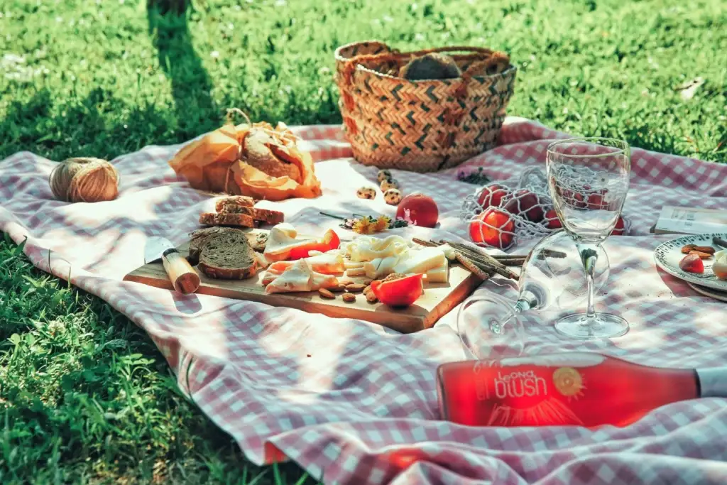 A delightful picnic spread on a red and white checkered blanket in grassy park, featuring a cheese board, bread, fruit, and a bottle of rosé.