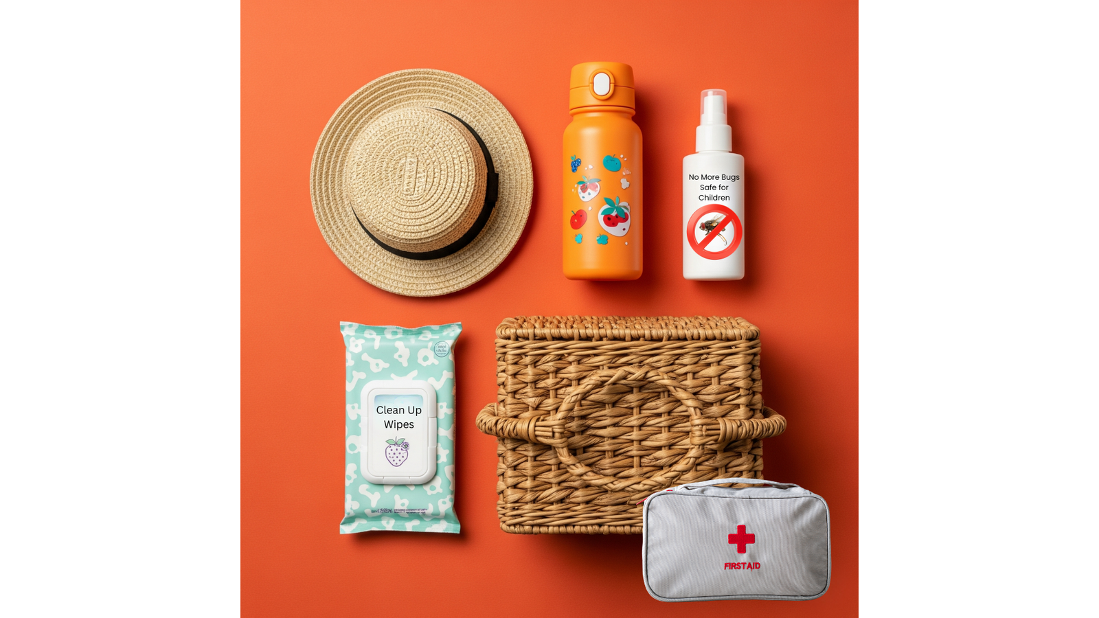A flat lay of items on an orange background, including a straw hat, water bottle, bug spray, wet wipes, a woven basket, and a first aid kit.