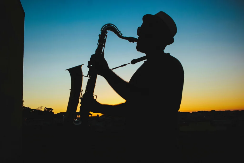 Silhouette of a Saxophonist at Sunset