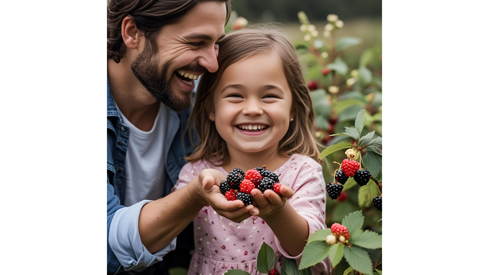 A smiling father and his young daughter are holding cupped hands full of freshly picked red and black berries.