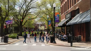 A wide outdoor shot of a vibrant street in downtown Columbia, Missouri, with people crossing a crosswalk, others dining outdoors at a cafe, and a park with trees and colorful banners in the background.