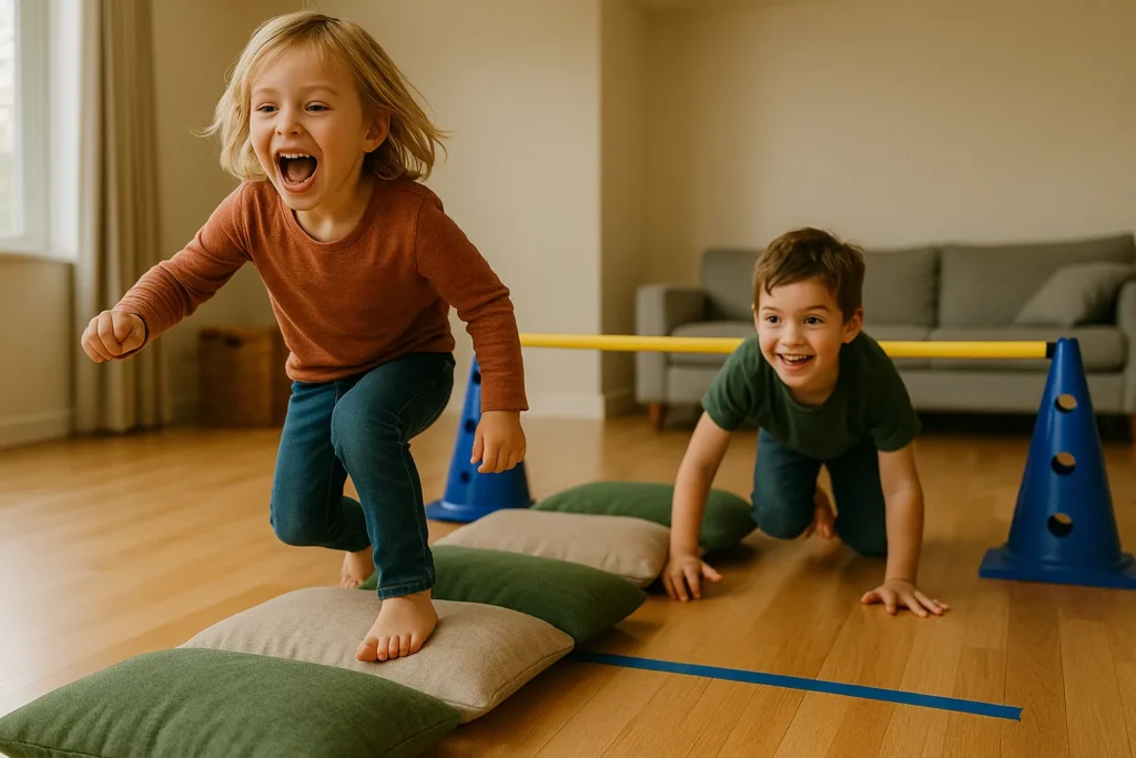 Two young children are engaged in an indoor obstacle course; one jumps on pillows while the other crawls under a bar.