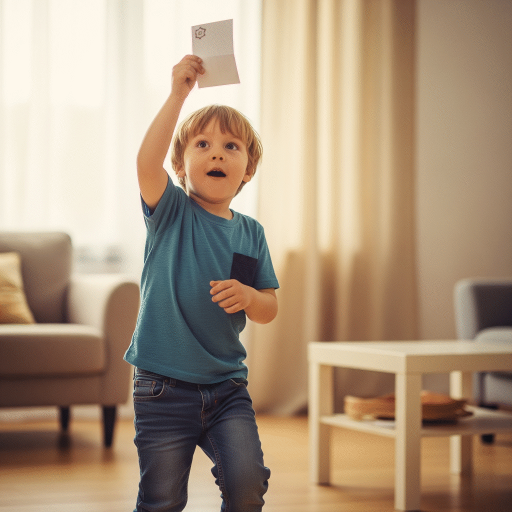 A wide-eyed young boy with blond hair excitedly holds a clue high in the air during an indoor scavenger hunt.
