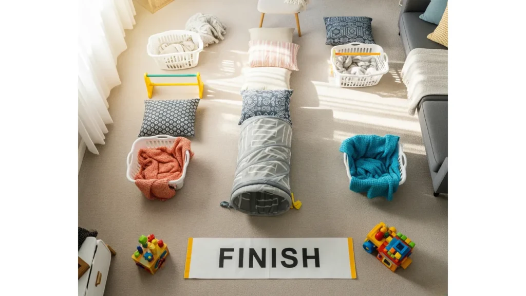 An indoor obstacle course made of pillows, laundry baskets, and a tunnel, ending with a "FINISH" line.