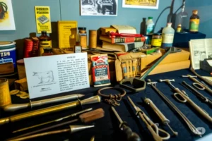 A collection of antique veterinary tools, bottles, books, and documents laid out on a dark surface, with various implements in the foreground and shelves of supplies in the background.