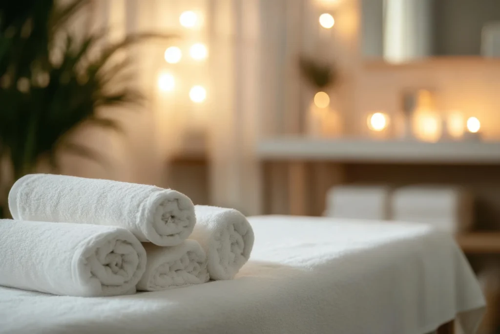 Rolled white towels on a massage table in a softly lit spa room with candles and a blurred plant in the background.