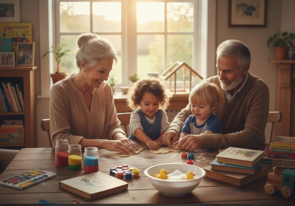 A smiling grandmother and grandfather sit with their two young grandchildren at a sunlit table, making crafts and baking. Jars of colored sand, a bowl of rubber ducks, and books are on the table.