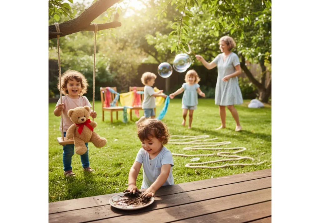 Happy toddlers and an adult playing outdoors in a sunny backyard. Activities include a child making mud handprints, a teddy bear on a swing, another child blowing bubbles, and a rope laid out for a game.