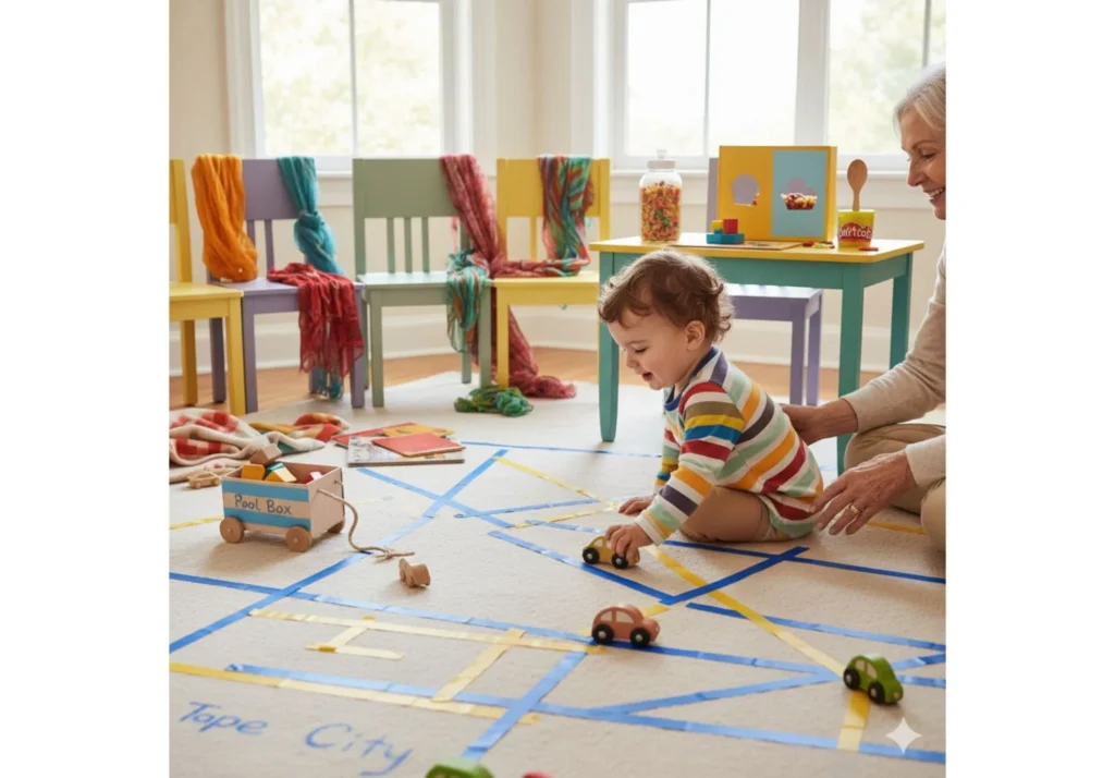 A smiling toddler on the floor with an adult, pushing a toy car along a maze of blue and yellow masking tape. A small pull-along shoebox is nearby.