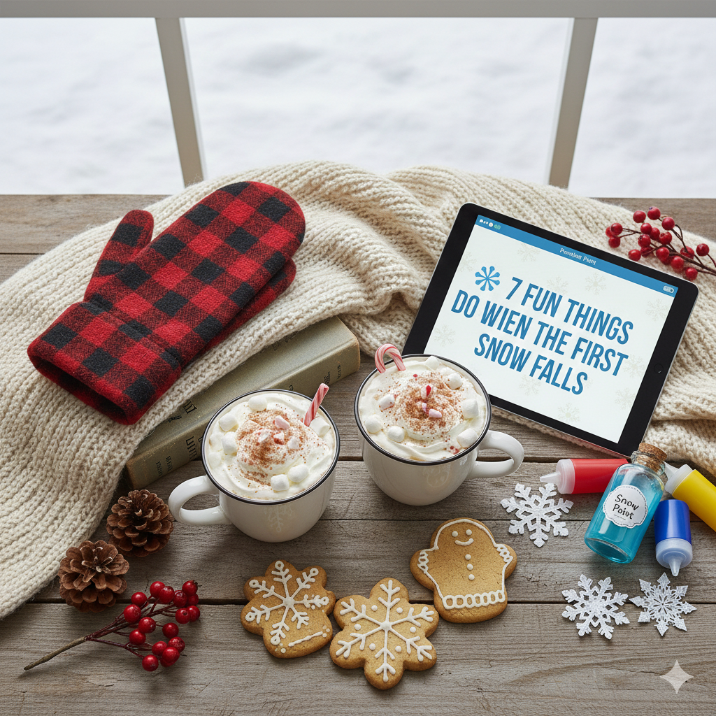 Two mugs of hot cocoa with marshmallows and candy canes next to a tablet displaying the title "7 Fun Things Do When the First Snow Falls." A plaid mitten, knitted blanket, gingerbread cookies, snow paint, and pinecones are arranged on a wooden table in front of a snowy window.