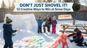 A group of children and an adult playing in a snowy backyard featuring a snow fort with glow sticks, snow painting, a snow volcano, and maple taffy on snow.