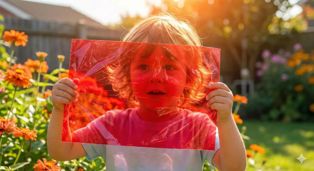 A close-up of a curious preschooler holding up a sheet of bright red plastic wrap to their eye, peering through it at a sunny backyard. The world behind the wrap is transformed into a warm red hue.