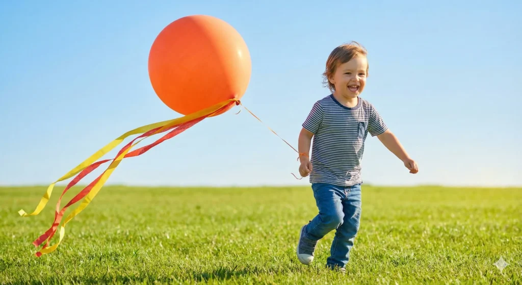A joyful preschooler running through a sunny park with a vibrant orange helium balloon tied to their wrist. Long, colorful paper streamers trail behind the balloon like a kite tail against a clear blue sky.