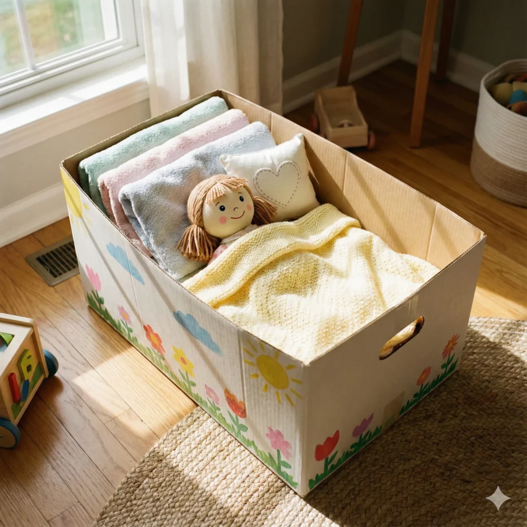 A heartwarming scene of a decorated cardboard box turned into a doll bed. Inside, soft patterned towels and a tiny pillow create a cozy nest for a doll tucked under a knit blanket.