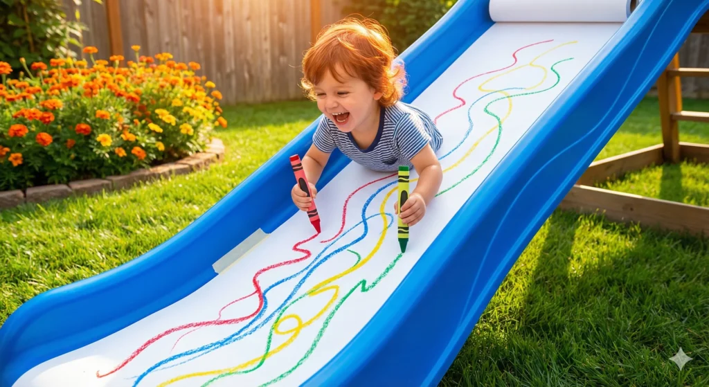 A child zoomed in mid-slide on a backyard playground. A long strip of white paper is taped to the slide, covered in colorful, jagged crayon scribbles in orange, red, and blue.