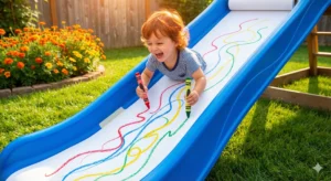 A child zoomed in mid-slide on a backyard playground. A long strip of white paper is taped to the slide, covered in colorful, jagged crayon scribbles in orange, red, and blue.