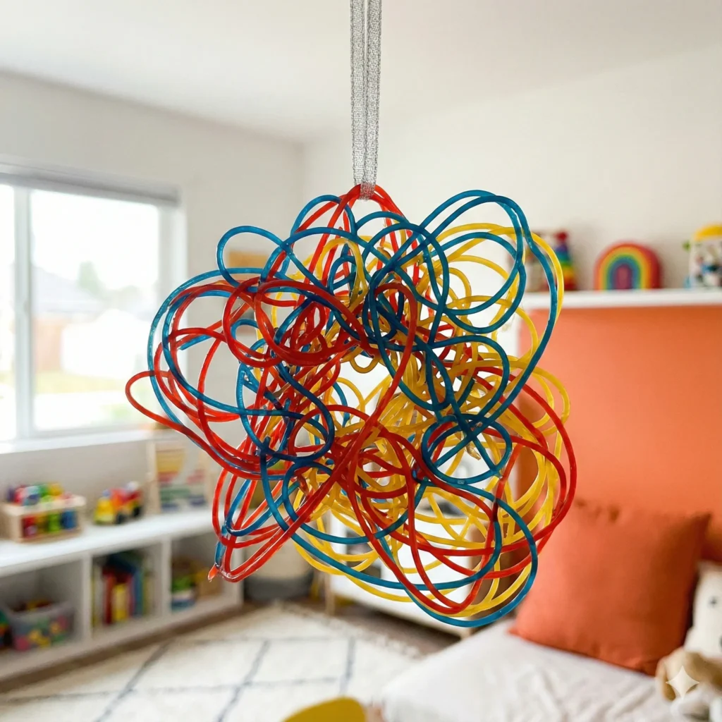 A colorful, hardened spaghetti mobile made of tangled red, blue, and yellow noodles hanging from a piece of bright ribbon against a sunny window.