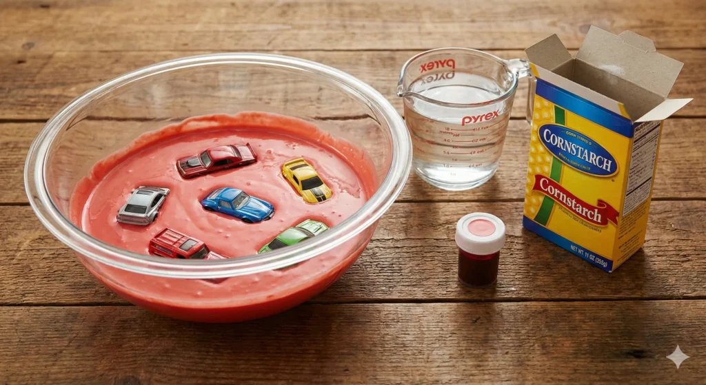 A bright, clean bowl of colorful "Magic Mud" sits on a wooden table next to a box of cornstarch. A child's hand is shown lightly pressing a toy car into the surface to create tracks in the unique, shifting substance.
