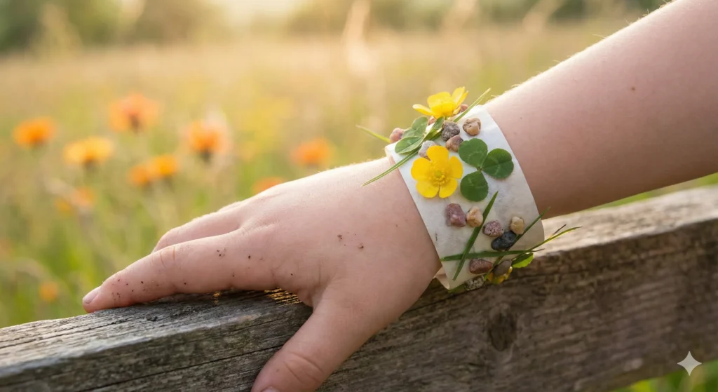 A close-up of a young child's wrist wearing a masking tape bracelet decorated with small yellow wildflowers, green clover leaves, and a tiny twig.