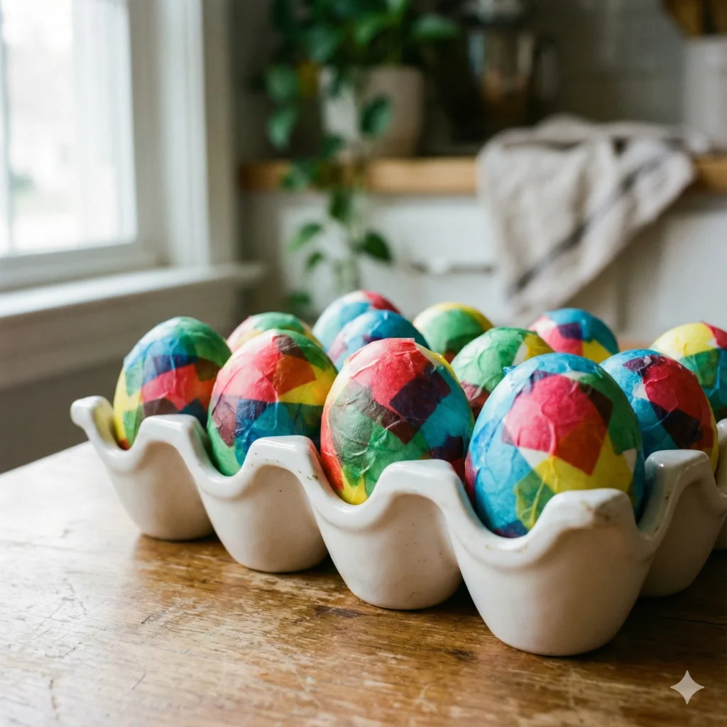 A collection of hard-boiled eggs covered in a mosaic of colorful, overlapping tissue paper pieces, creating a stained-glass effect.