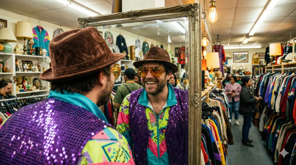 A man in a brown velvet fedora and yellow-tinted sunglasses smiles at his reflection in a vintage mirror while wearing a purple sequined vest over a vibrant, multi-colored 80s windbreaker inside a thrift shop.
