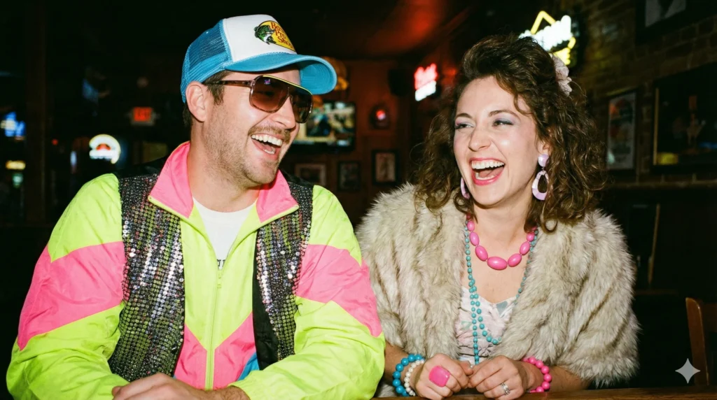 A man wearing a neon lime and pink windbreaker, a sequined vest, and a Bass Pro Shops hat laughs loudly at a bar. Next to him, a woman in a faux fur coat wears chunky 80s pink jewelry and blue beads, embodying a vibrant thrift store alter ego.