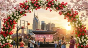 An outdoor spring festival in Nashville featuring a musician on stage, people enjoying food under a tulip arch, and the city skyline with the Batman Building in the background.
