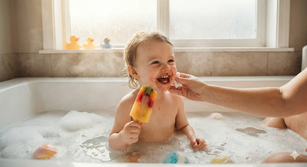 A toddler laughing in a steamy bubble bath while eating a fruit popsicle, with a parent’s hand gently wiping the child’s face and rubber ducks on the windowsill.