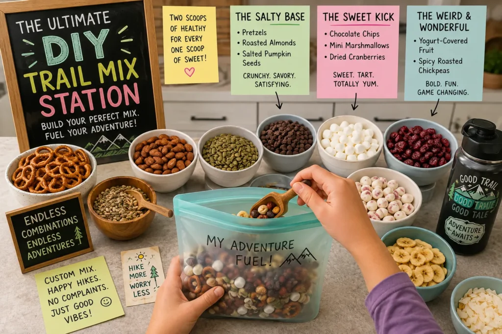 A colorful DIY trail mix station on a kitchen counter with bowls of pretzels, chocolate chips, and dried fruit.